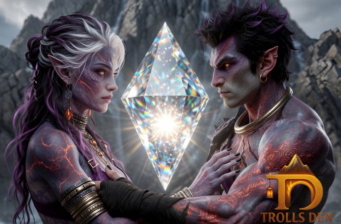 A fantasy digital artwork depicting two lava-textured humanoid figures facing each other in profile, with a glowing crystalline diamond between them, branded with 'TROLLS DEN' in the corner.