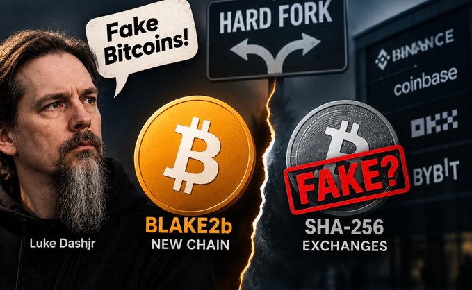 A YouTube thumbnail featuring Luke Dashjr with a speech bubble saying "Fake Bitcoins!" and a "HARD FORK" sign, showing a split between a golden "BLAKE2b NEW CHAIN" Bitcoin and a silver "SHA-256 EXCHANGES" Bitcoin marked "FAKE?" alongside logos for Binance, Coinbase, OKX, and Bybit.