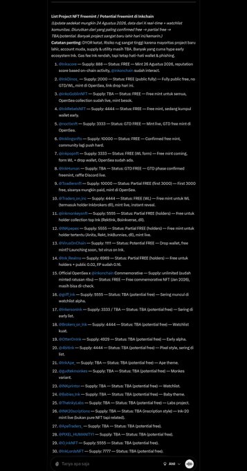 A list of NFT project tweets/financial freebies dated August 24, 2025, with an AM6 timestamp visible at the bottom.
