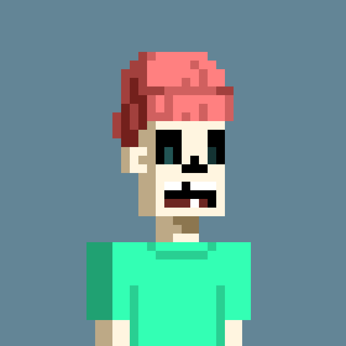 A Minecraft-style pixel art character with pink hair and a teal shirt stands against a blue-gray background.