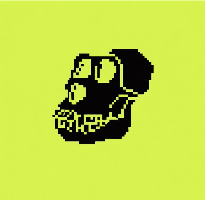Pixel art image of a black skull with hollow green eyes on a solid light green/yellow background, with a stylized 'CRYPTO' text design along the jawline.