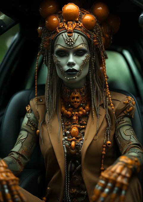A highly detailed, biomechanical figure sits in what appears to be a car seat, featuring pale greenish skin, orange spherical ornaments on the head, intricate metalwork on the face, and elaborate orange and copper-colored mechanical adornments throughout.