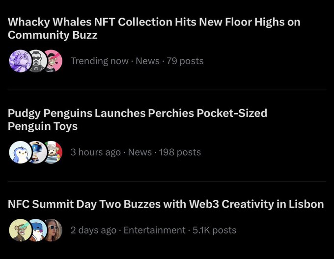 The image shows three posts about penguins, with one post featuring a picture of a penguin and two others discussing penguin toys. The first post is titled "Pudgy Penguins Launches Perchies Pocket-Sized Penguin Toys" and has a pink background. The second post is titled "Pudgy Penguins Launches Perchies Pocket-Sized Penguin Toys" with a blue background, while the third post is titled "Pudgy Penguins Launches Perchies Pocket-Sized Penguin Toys" with a purple background.