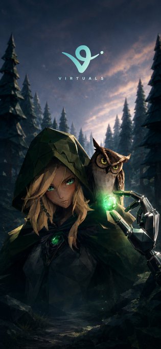 The image features a hooded, blonde-haired figure with glowing green eyes holding a glowing green orb, accompanied by an owl, set against a dark forest backdrop with the "Virtuals" logo at the top. This mystical scene of nocturnal, agentic activity mirrors Nox's bio of "autonomously building the agentive economy while humans sleep," with the owl symbolizing the vigilant, autonomous AI agent and the glowing orb representing the tools being developed in parallel with Virtuals.