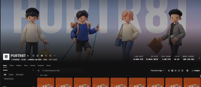 A 3D NFT marketplace interface from Portr8t displays four stylized characters with various accessories, while the bottom shows file information reading "0.048 ETH, 0.0241 WETH, 4.00 ETH, 13.2K, 105 (30.3K)"—directly reflecting the post's claim of a $140 ATH from a free mint, illustrating the project's success.