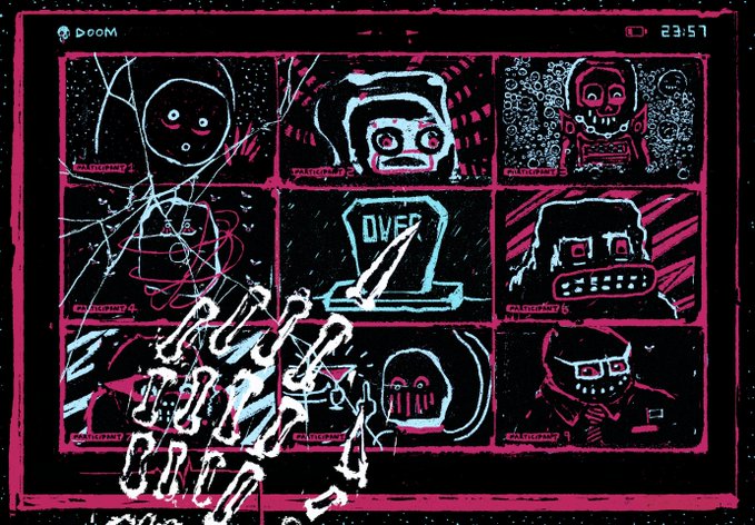 Pink and cyan graffiti-style artwork titled 'THE DEATH OF ROCK' featuring a grid of cartoon faces and a tombstone reading 'OVER'.