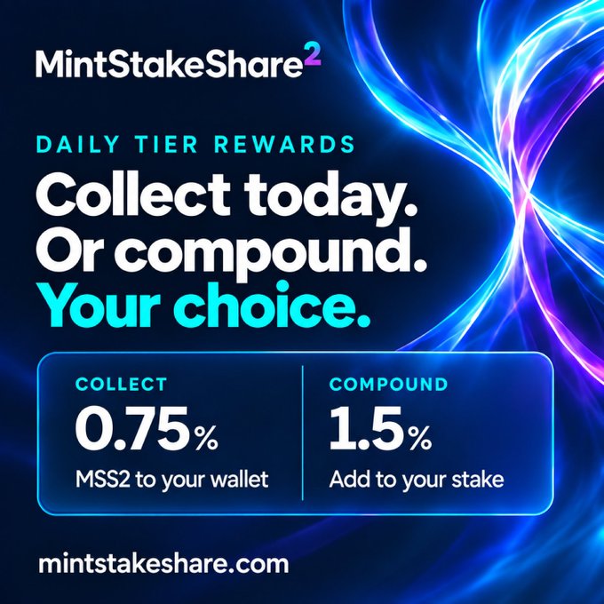MintStakeShare² advertisement showing 'Daily Tier Rewards' offering users the choice to collect 0.75% MSS2 to their wallet or compound at 1.5% added to their stake, with the URL mintstakeshare.com