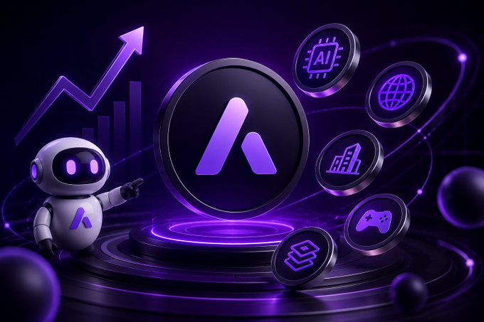A vibrant purple and black digital illustration featuring a small robot mascot pointing toward a central glowing emblem, surrounded by floating icons representing AI, gaming, technology, and finance, with an upward-trending graph in the background.