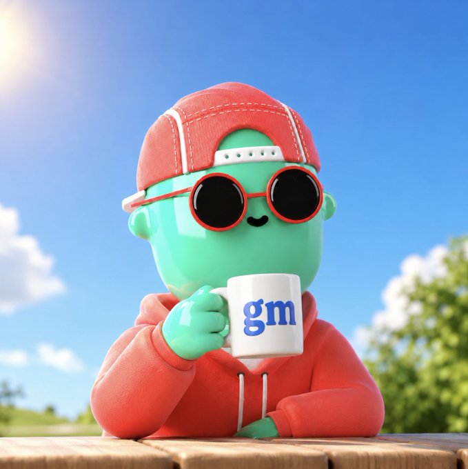 A 3D-rendered green character wearing a coral cap, round sunglasses, and a hoodie sips from a white mug displaying the blue letters 'gm' against a sunny sky backdrop.