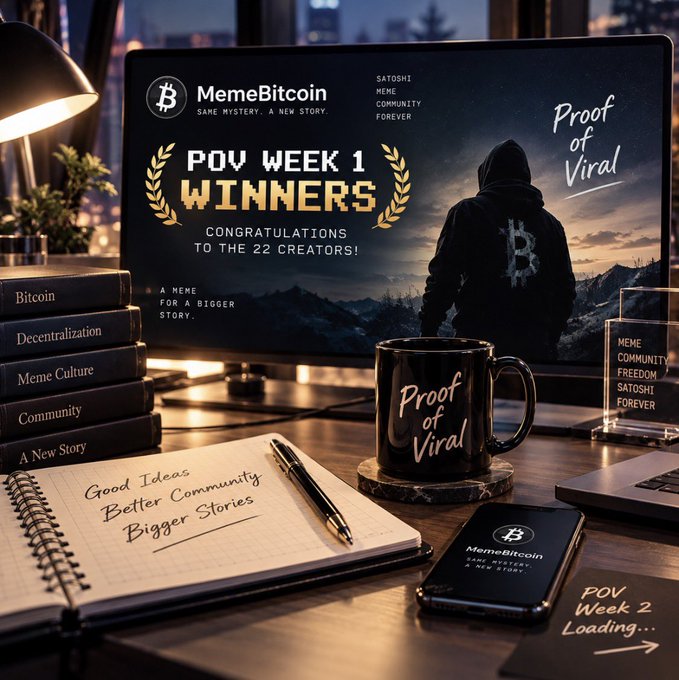 A promotional display celebrating 'MemeBitcoin POV Week 1 Winners' congratulating 22 creators, featuring a hooded figure with a Bitcoin logo, branded merchandise including a coffee mug and phone case, and a notebook reading 'Good Ideas Better Community Bigger Stories'.