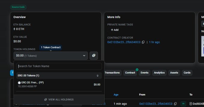 A screenshot of an Etherscan-style blockchain explorer interface shows details for a '1 Token Contract' with an ETH balance of 0, highlighting a token named 'ERC-20 Fren... (FF)'.
