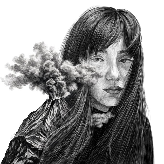 A black and white pencil-style illustration of a young woman with long hair and bangs, with smoke billowing from a volcano-like mountain on her shoulder.