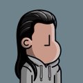 A cartoon illustration of a person with long black hair in profile against a teal background.