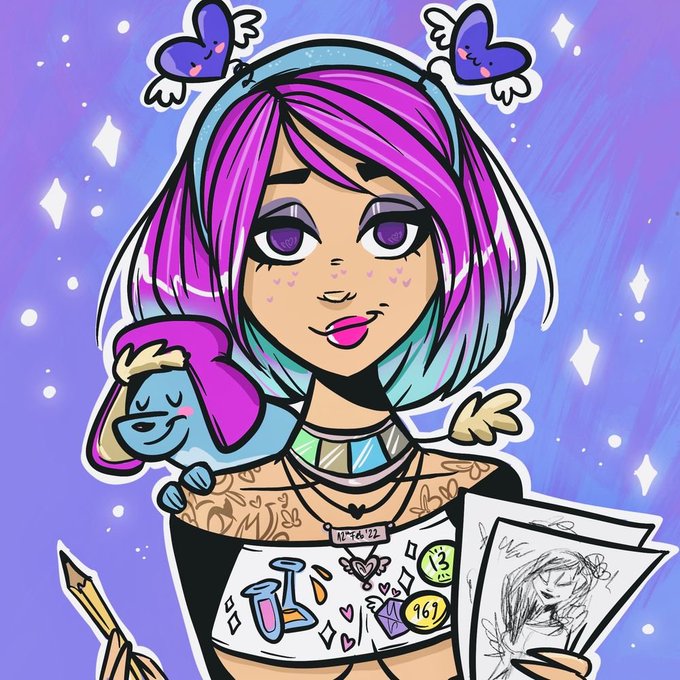 A vibrant digital illustration features a girl with pink and blue hair and heart-shaped eyes, holding a small blue creature and some drawings against a sparkly purple background.