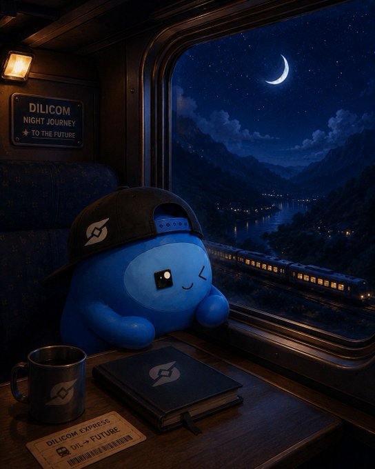 A blue Dilicom mascot plush wearing a black cap sits on a train window ledge at night, gazing at a crescent moon, with a ticket reading 'DILICOM EXPRESS: DIL → FUTURE'.