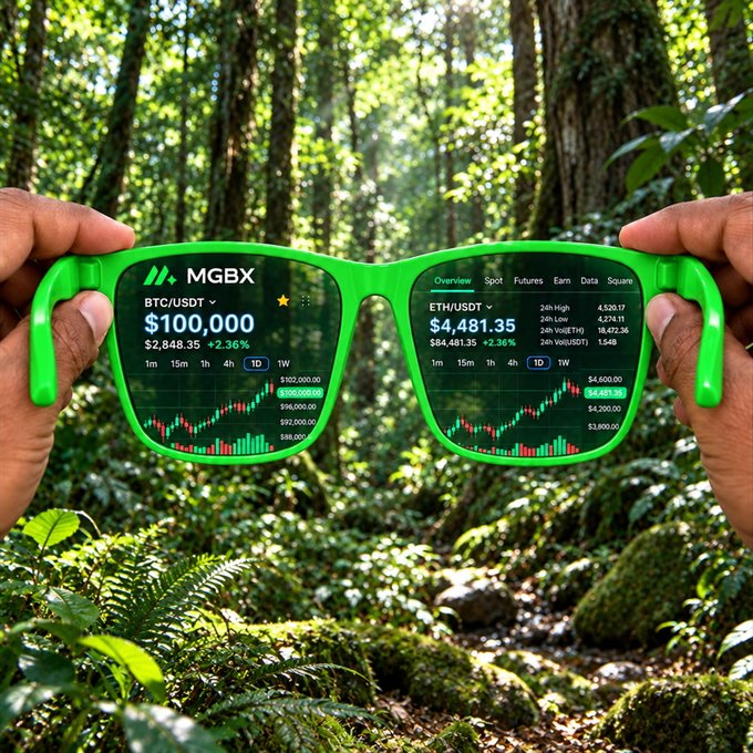A pair of hands holds up green sunglasses displaying digital stock and crypto interfaces against a forest background, showing "MGBX" with BTC/USDT at $100,000 and ETH/USDT at $4,481.35.