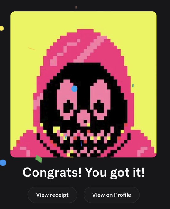 A pixel art image celebrating a successful NFT purchase, featuring a dark skull-like figure wearing a pink hood against a yellow background with confetti. The text reads "Congrats! You got it!" with buttons for "View receipt" and "View on Profile," relating to the user's tweet about getting their "rekt tradooor" NFT.