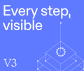 A purple graphic with white text reading 'Every step, visible' alongside a 'V3' label and a stylized network/node diagram icon.