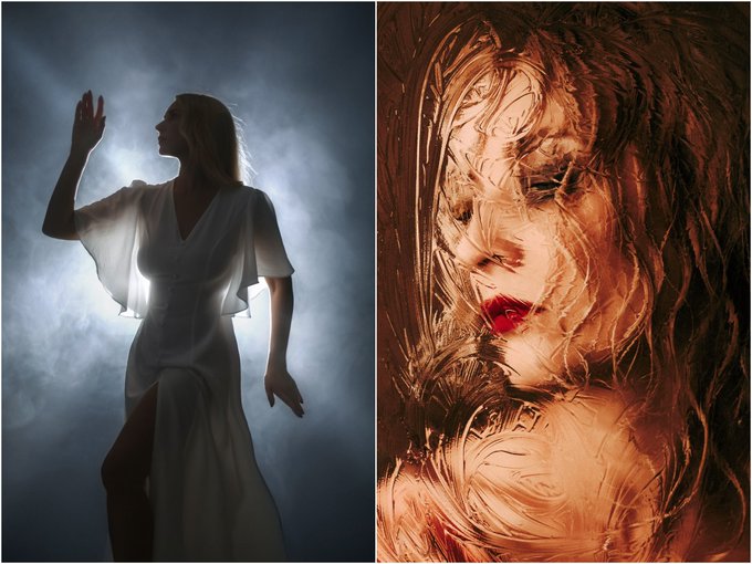 Two artistic portraits side by side: the left shows a silhouette of a woman in a flowing white dress with a raised hand against a blue smoky background, while the right shows a close-up of a woman's face partially obscured by what appears to be a textured amber material.