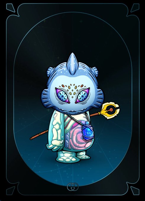 An illustration of a blue alien-like creature with large decorative eyes, wearing robes and holding a staff, displayed as a digital collectible card on a dark blue background.