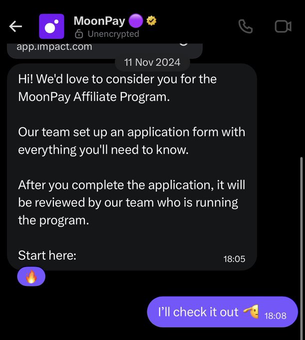 A Telegram chat screenshot from MoonPay dated 11 Nov 2024 inviting the user to the MoonPay Affiliate Program via app.impact.com, with the user replying "I'll check it out."