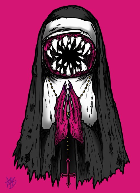 A stylized horror illustration of a sinister nun with a tooth-filled mouth where her face should be, praying with skeletal hands and a rosary ending in a cross, set against a hot pink background.