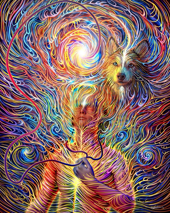 A vibrant, swirling psychedelic digital painting depicting a wolf, a human face, and a hummingbird intertwined in colorful, flame-like brushstrokes.
