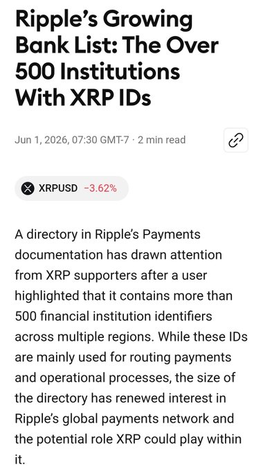 The image shows a cell phone screen with text displayed, likely from an article or blog post about Ripple's growing bank list of 500 institutions that are using XRP as their cryptocurrency. The text includes information about Ripple's global payments network and the potential role of Ripple in the future of digital currency.