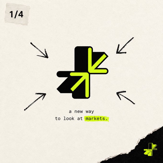 A graphic labeled "1/4" displays a black and neon green abstract logo with arrows pointing inward and the text "a new way to look at markets."