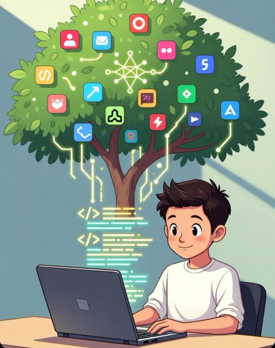A cartoon boy working on a laptop with code floating up to a tree of app icons connected by circuit lines, representing AI and technology.