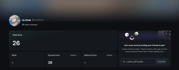 A Kaito AI profile dashboard for user 're+Zore' (@KingOfhell_) showing 'Total Aura: 26' and a referral link 's.kaito.ai/57LUNA'.