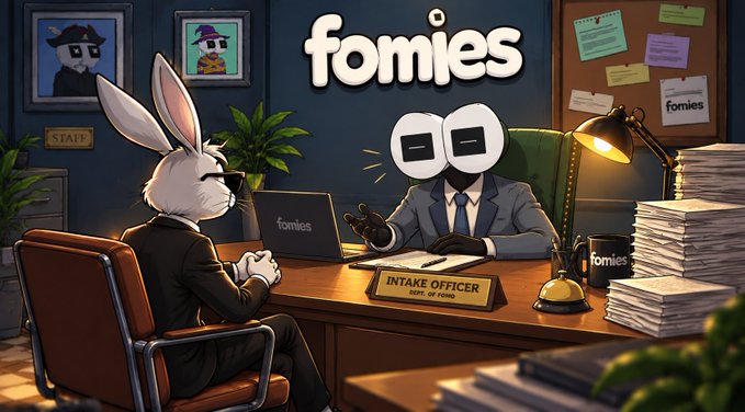 A cartoon illustration showing a rabbit in a suit sitting across a desk from an 'INTAKE OFFICER' robot character with the word 'fomies' displayed prominently above the office scene.