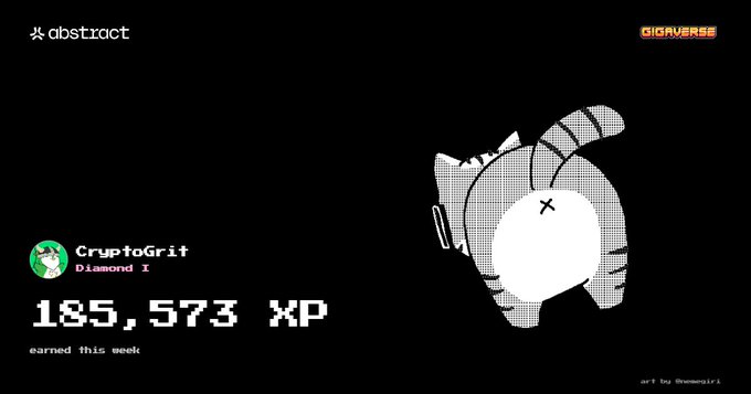 A digital graphic for 'abstract' and 'GIGAVERSE' showing 'CryptoGrit' at 'Diamond I' rank with '185,573 XP earned this week', alongside a halftone illustration of a goat head with an 'x' for an eye.