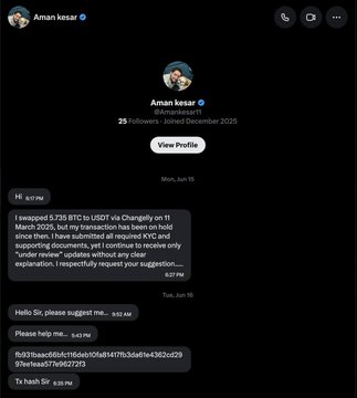 A screenshot of a Twitter/X DM conversation with 'Aman kesar' showing a swap of 5.735 BTC to USDT via Changeely on March 11, 2025, requesting KYC and review.
