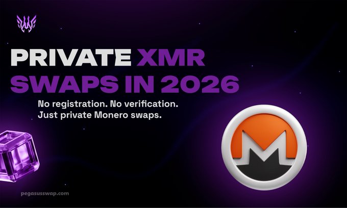 The image features a purple background with an orange circle containing the text "Private Xmr Swaps in 2026" written above it. Below this, there are two images of coins - one being a purple cube and another being a white square. The caption below these images reads "Focus on what is in the image and how it relates to the post".