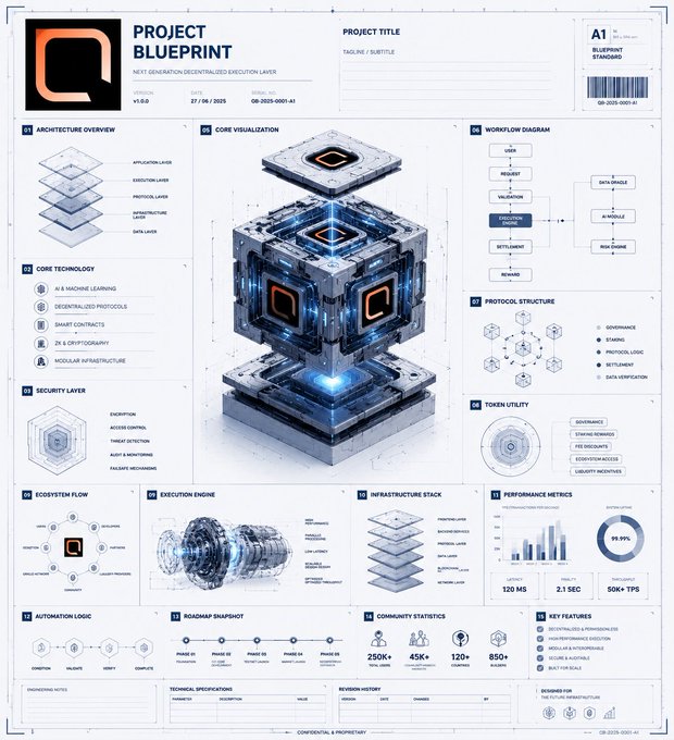 The image is a futuristic "Project Blueprint" technical document titled "BLUEPRINT," featuring a detailed 3D isometric rendering of a glowing cubic core module surrounded by architecture diagrams, workflow charts, security layers, performance metrics (showing 99.99%, 120MS, 2.1 SEC, 500K+ TPS), and infrastructure stacks across multiple labeled sections.

The image appears to serve as a sleek, tech-forward visual metaphor for the post's theme of DeFi evolution—symbolizing the shift from accessible DeFi tools (like Uniswap, Hyperliquid, and Jupiter) to a more sophisticated "execution layer" infrastructure, much like the blueprint represents next-generation execution under the hood of decentralized systems.