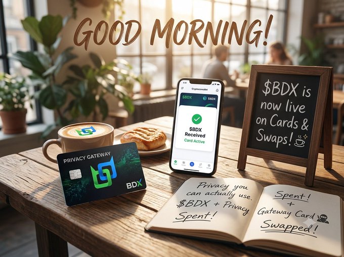 A 'GOOD MORNING!' lifestyle scene shows a phone displaying '$BDX Received', a Beldex privacy gateway card, coffee, and a chalkboard announcing '$BDX is now live on Cards & Swaps!'