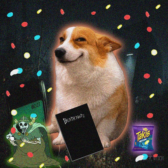 A corgi surrounded by colorful string lights holds a "Death Note" notebook, flanked by a cartoon grim reaper reading a book and a bag of "Takis" chips, with the word "Twitch" visible in the corner—meme imagery fitting the playful caption about a "hot dogs only" verified collection selling out with only 2.5 ETH remaining.
