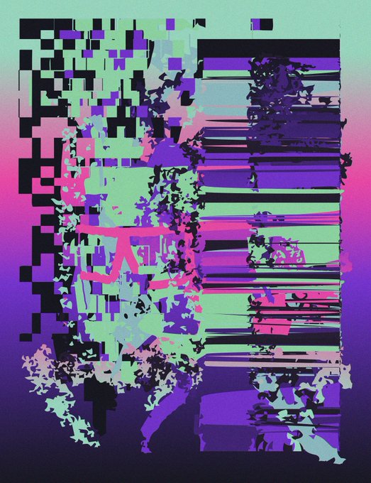 A glitchy, distorted digital artwork features pixelated fragments and streaks of neon green, pink, and purple over a gradient background.