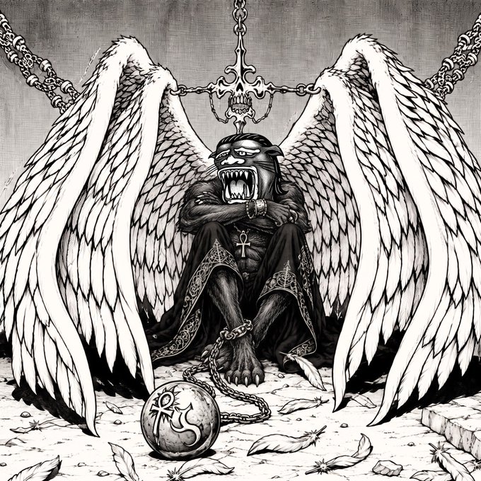 A black and white illustration of a winged, fanged ape-like figure wearing a cloak with an ankh symbol, chained at the neck and wrists, sitting in front of a sword-shaped cross with fallen leaves scattered on the ground.
