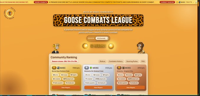 The image shows a website called "Goose Combat League" with an orange background featuring a cartoon leopard logo. The website appears to be a gaming platform where players can engage in various combat-based activities, such as combats or battles against other players from different communities. The website also has a community rating system and a list of players who have participated in the game.