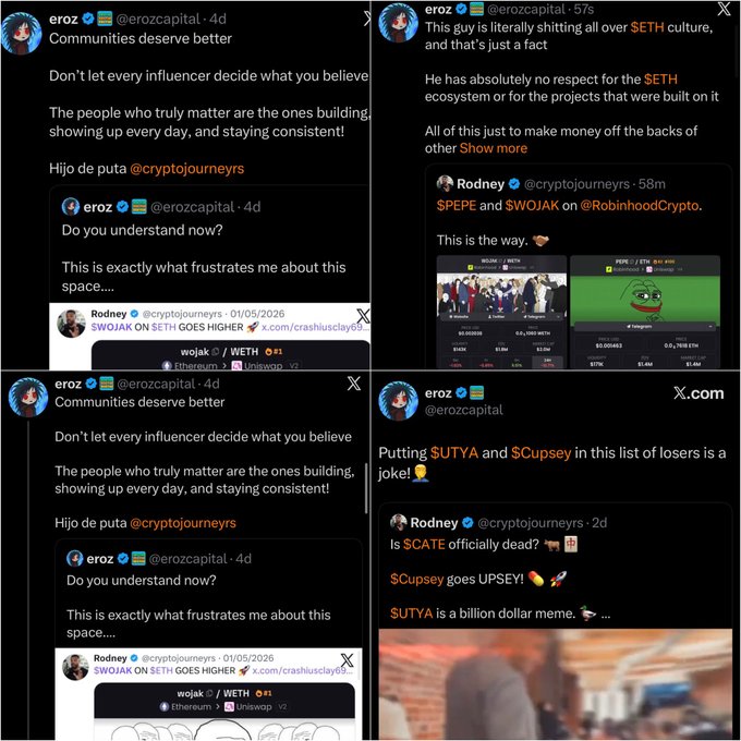 A collage of X posts from @erozcapital criticizing @cryptojourneyrs for shilling $SETH while neglecting other meme coins like $UTYA, $CUP$EY, $WOJAK, and $SPEPE, ironically undermining the caption's "LOCK IN" message by showing him locked in petty beef rather than winning.