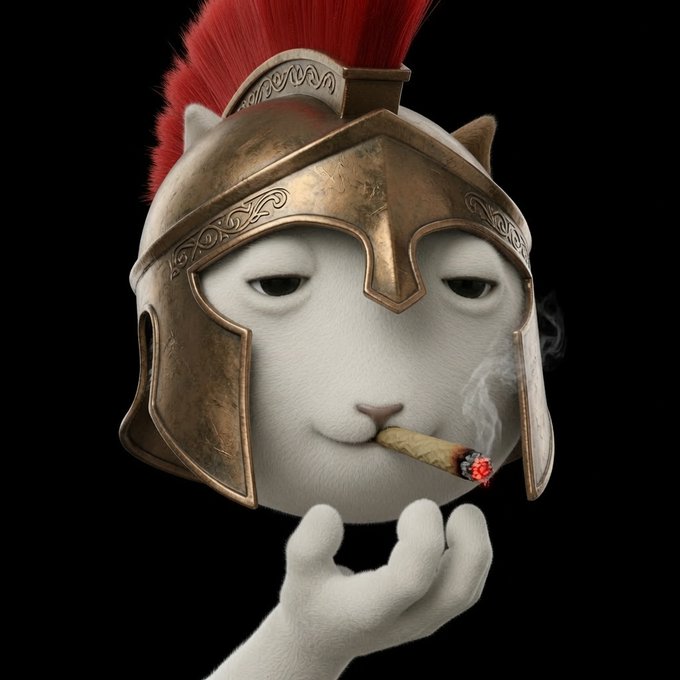 A white cat wearing a bronze Spartan-style helmet with a red plume smokes a joint, exhaling smoke against a black background.