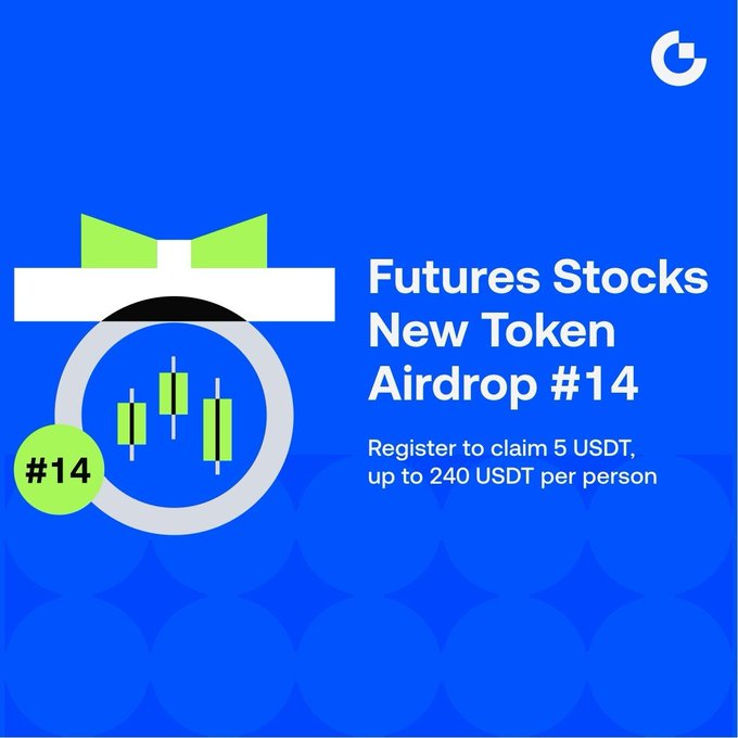 A blue promotional graphic for "Futures Stocks New Token Airdrop #14" features a green gift box icon displaying a candlestick chart pattern, advertising registration rewards of 5 USDT and up to 240 USDT per person. The "#14" badge on the gift ribbon reinforces it as the 14th edition of the airdrop event.