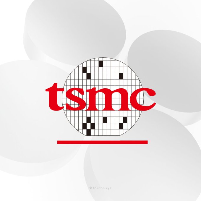 The image displays a stylized "tsmc" logo in red text overlaid on a circular silicon wafer graphic, set against a white floral background, with a small "tokens.xyz" watermark at the bottom. The branding visually reinforces the post's focus on TSMC's expanding semiconductor capacity and the newly tokenized $TSM asset now available for trading on Solana.