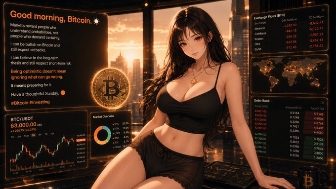 An anime-style illustration of a woman in black loungewear in a high-rise setting with a Bitcoin motif, alongside trading interface panels showing BTC/USDT at $63,000.00 and 'Good morning, Bitcoin.' greeting.