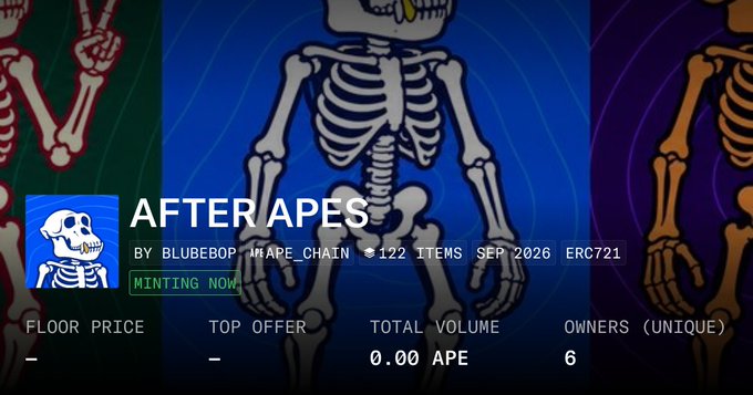 An NFT collection page titled 'AFTER APES' by 'BLUEBOP_WAPE_CHAIN' showing 122 items from September 2026 on the ERC721 blockchain, with a minting status of 'MINTING NOW' and 6 unique owners.