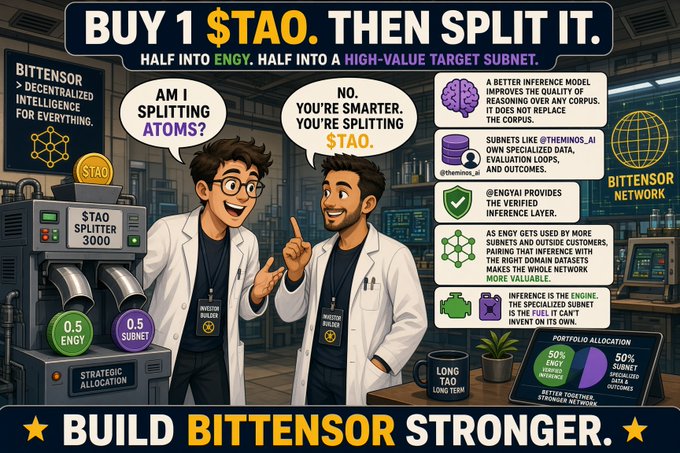 A promotional infographic titled "BUY 1 $TAO. THEN SPLIT IT." depicts two scientists discussing splitting atoms vs. splitting $TAO, with instructions to divide holdings evenly (0.5 ENGY and 0.5 SUBNET) using the "$TAO SPLITTER 3000" to support the Bittensor Network, highlighted with text emphasizing that inference is the engine, specialized data the fuel.