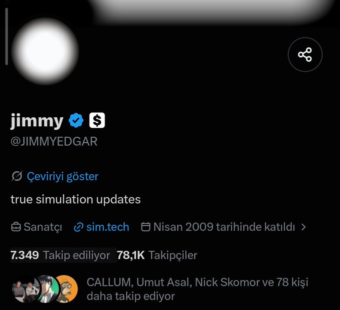 A Twitter/X profile for jimmy (@JIMMYEDGAR) with a verified checkmark, bio 'true simulation updates', linked to sim.tech, with 78.1K followers and joined April 2009.