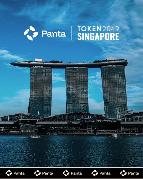 A promotional image for 'Panta | TOKEN2049 SINGAPORE' featuring the Marina Bay Sands hotel against a blue sky